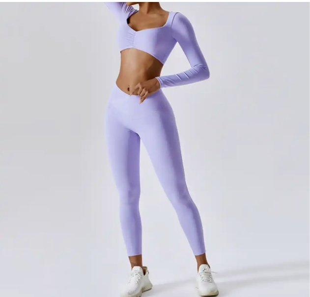 purple activewear pants with crossover waistband